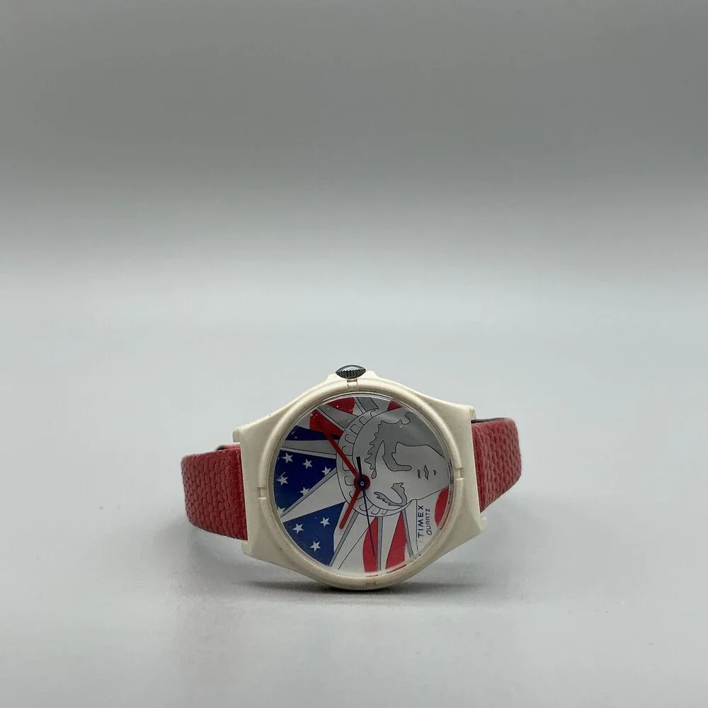 Vintage Timex T Cell Womens Watch 26mm Liberty Flag Dial Red Leather New Battery
